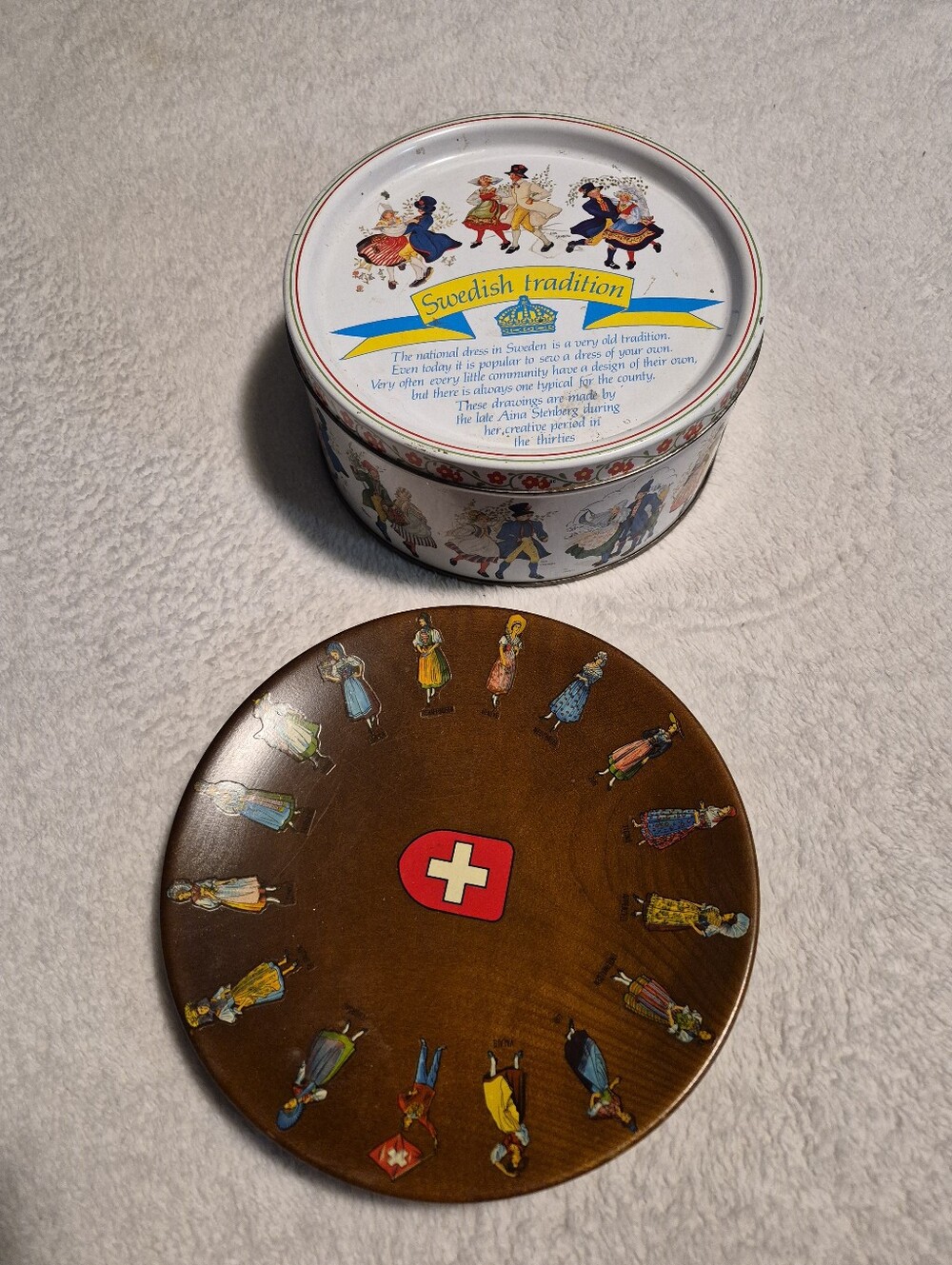 Vintage European Folk Art Decor Lot Tin & Hand Carved Wood Plate